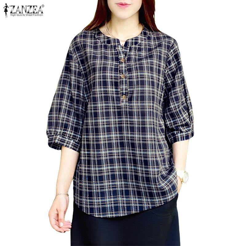 ZANZEA Women Casual Round Neck 3/4 Sleeve Loose Grid Print Blouse