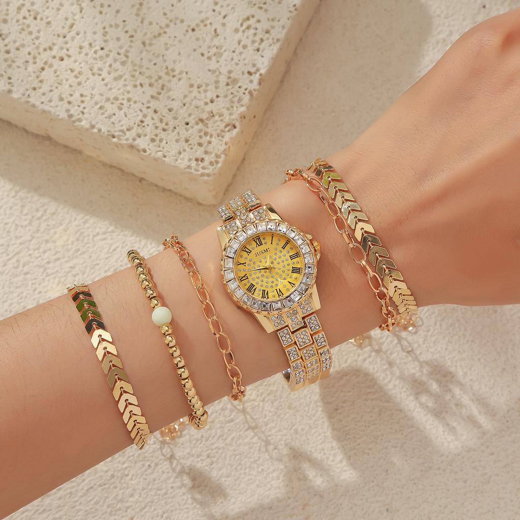 6pcs/set; Luxury Diamond-studded Bracelet and Watch Set for Women, Ideal for Festive Gifting, Without a Gift Box
