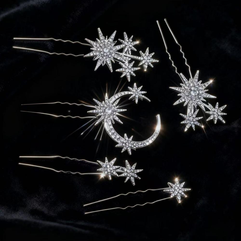 

5Pcs/set Snowflake Retro Hairpins Rhinestone Star Moon Bridal Headpiece Handmade U-Shaped Hair Fork Perfect for Wedding & Party срібний