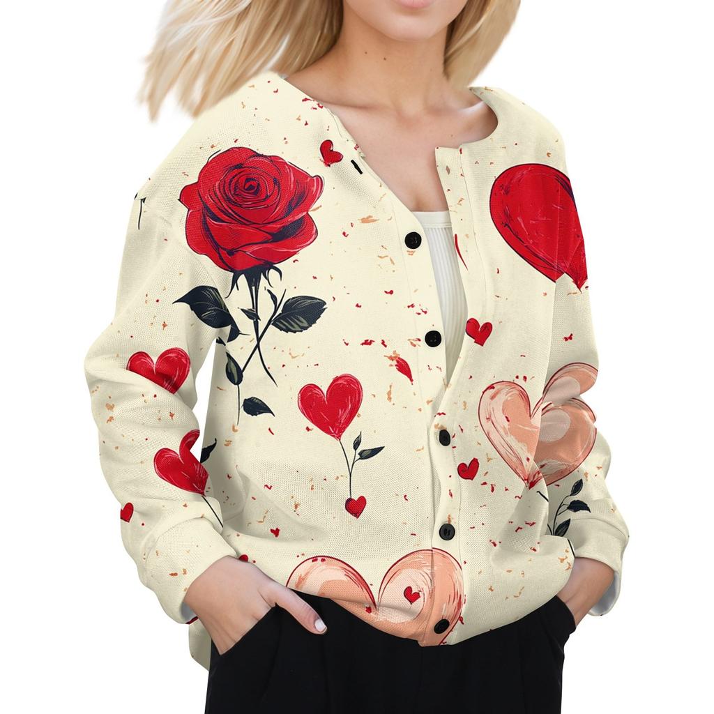 Women's Fashion Valentine's Day Printed Long Sleeve Cardigan Button Jacket