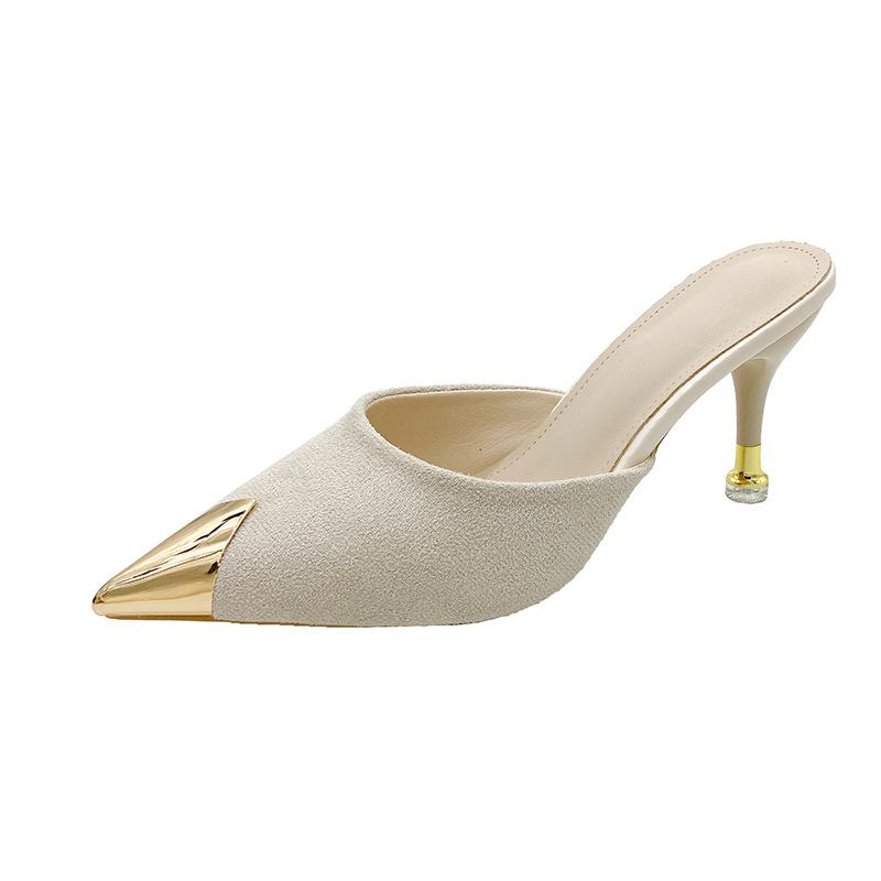 Large Size Pointed Stiletto Slippers Women's New Feather Suede Black Bag Head Sandals Half Slippers