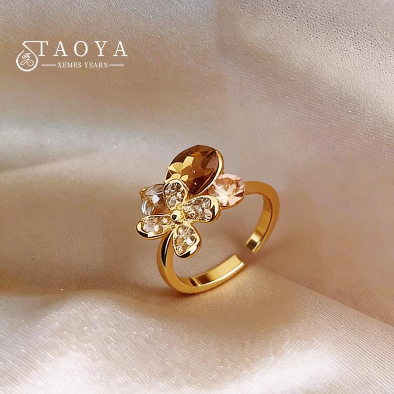 

Elegant Champagne Oval Crystal Flower Ring Gold Color Open Design for Women Trendy Jewelry Finger Accessory Young Luxury 2026 resizable&Gold-color шампанского