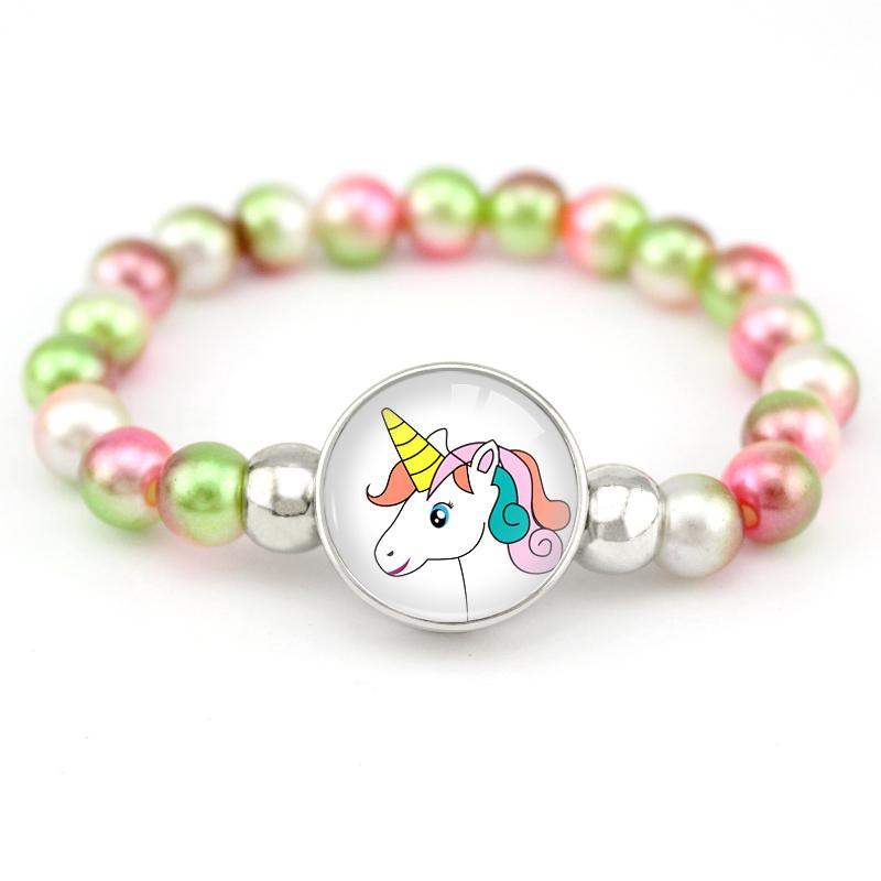 Kids Pearl Beads Elastic Band Bracelet Child Kid Unicorn Charm Personalized Snap Button Stretchy Beaded Bracelets for Children Elastic/Adjustable&Elastic Band Beaded Bracelets