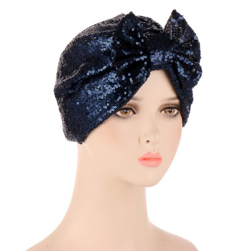 Turban Hat Bag Cap Bow Sequin Muslim Solid Color Hat