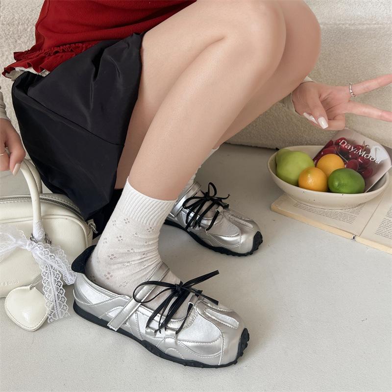 Silver retro flat bottom shallow mouth inner height increase German training shoes women's summer 2025 new ballet Mary Jane single shoes