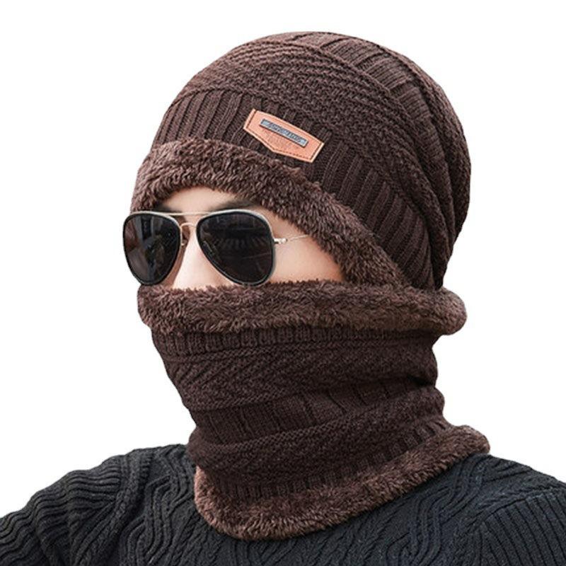 Herren Winter Warme Ohrenschützer Fleece Strickmütze Verdickter Schal Zweiteiliges Set Herbst und Winter Wollmütze