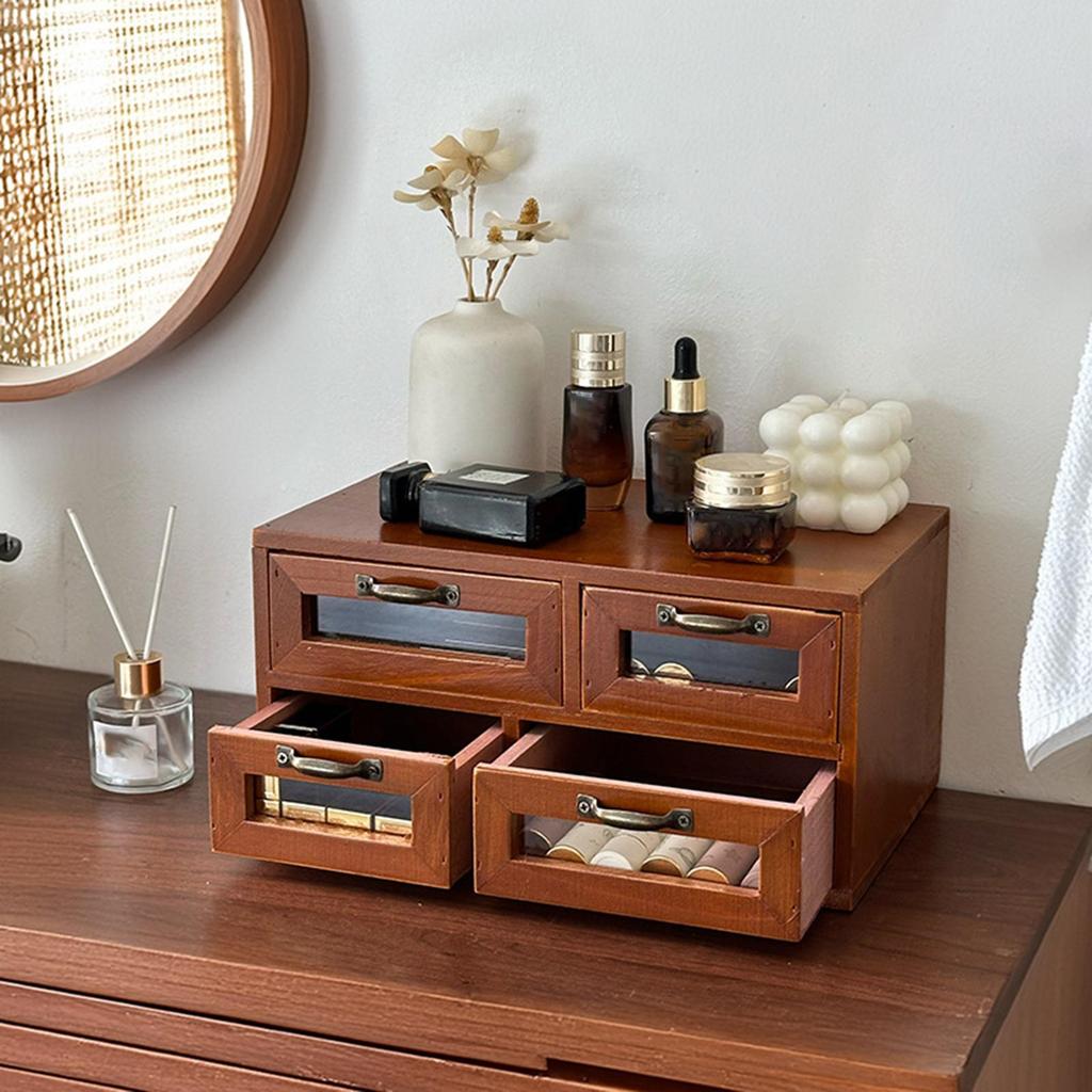 Wooden Desk Organizer with 4 Drawers Vintage Sundry Stationery Jewelry Storage Box for Home Office Tabletop Organizer