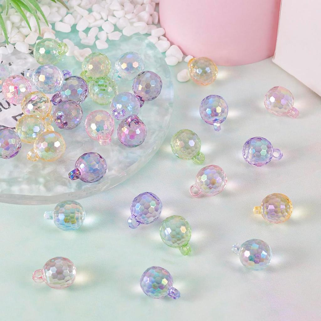 Cheriswelry 36Pcs Disco Ball Acrylic Pendants Transparent Faceted Ball Charm Ornament 21mm 6 Colors for Earring Bracelet Hair Accessory Jewelry