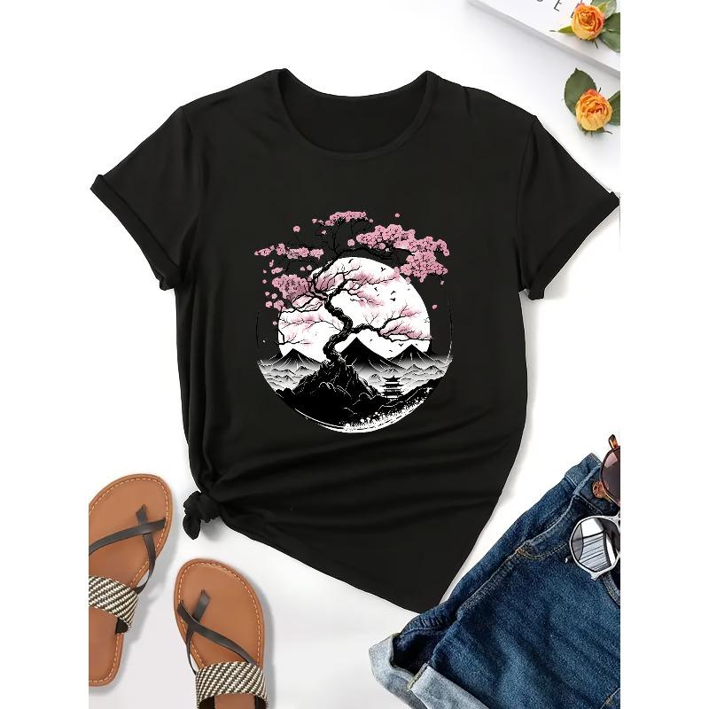 

Womens Geometric Sakura Tree Print Crew Neck T Shirt 1pc Polyester Knit Medium Stretch All Season Comfy Casual Short Sleeve Spring Summer Fashion Top 4XL чорний