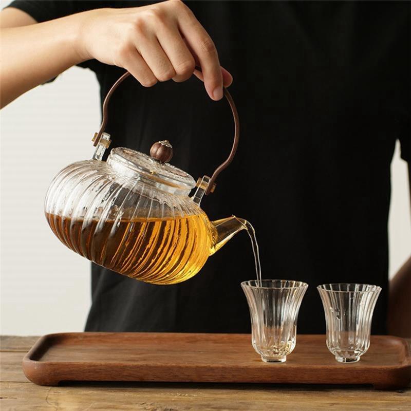 Good-Glass Teapot Wood Handle Teawear High Boron Silicon Transparent Pumpkin Pot Glass Teapot With Filter