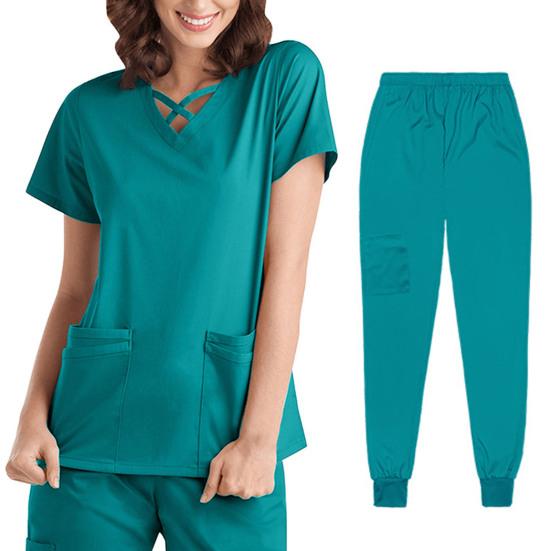 2 stk/sett Unisex sykehusuniformsett V-hals kortermede lommer Topper Elastiske midjebuksesett Hurtigtørkende sykehus tannpleie scrubs uniformer