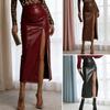 Midi Skirt High Waist Artificial Leather Hip Skirt with Slit Design Pure Color Slimming