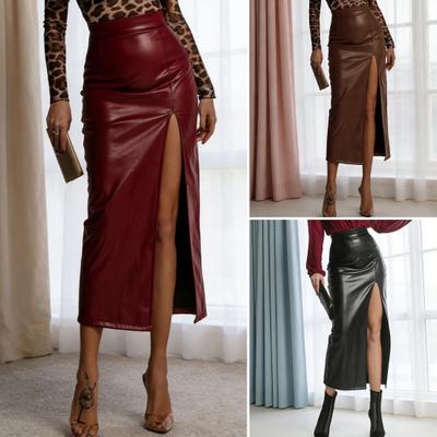 Midi Skirt High Waist Artificial Leather Hip Skirt with Slit Design Pure Color Slimming