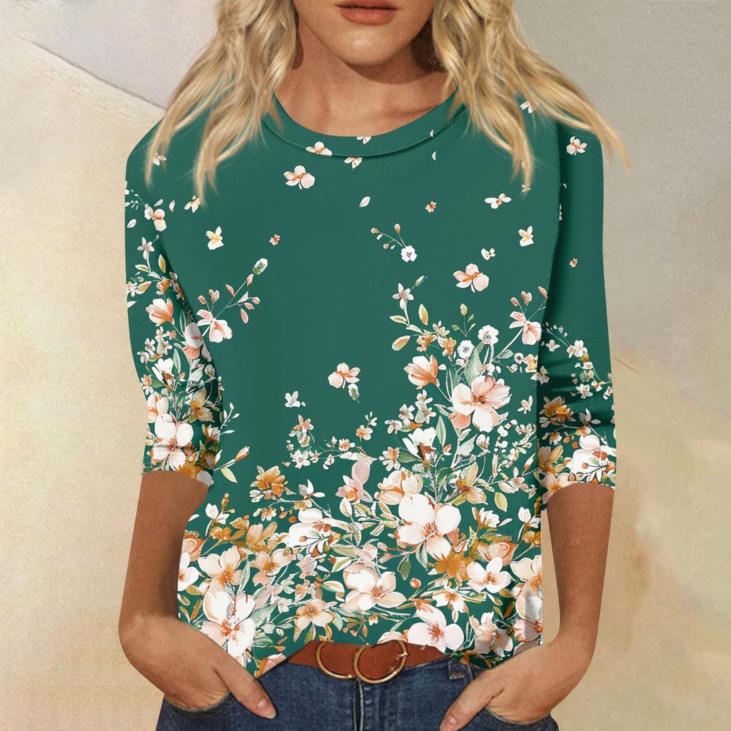 Women's Fashion Casual Round Neck 3/4 Sleeve Loose Printed T-Shirt Ladies Top