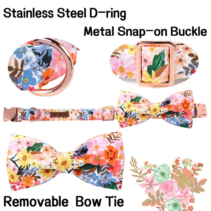Unique Summer Spring Flower Dog Cat Collar Set with Bow Tie Personal Custom Puppy Necklace XS-XL