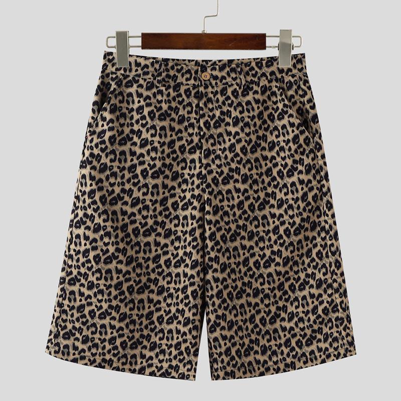 

INCERUN Men High Waist Leopard Print Casual Loose Zip-up Cropped Pants Shorts M