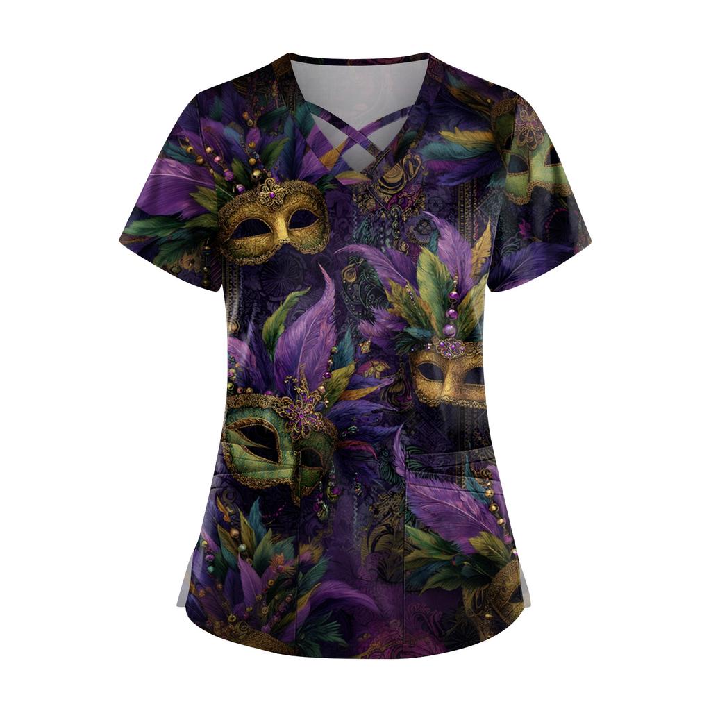 Women's Short Sleeve Stagger V Neck Print Pocket Dry- Top