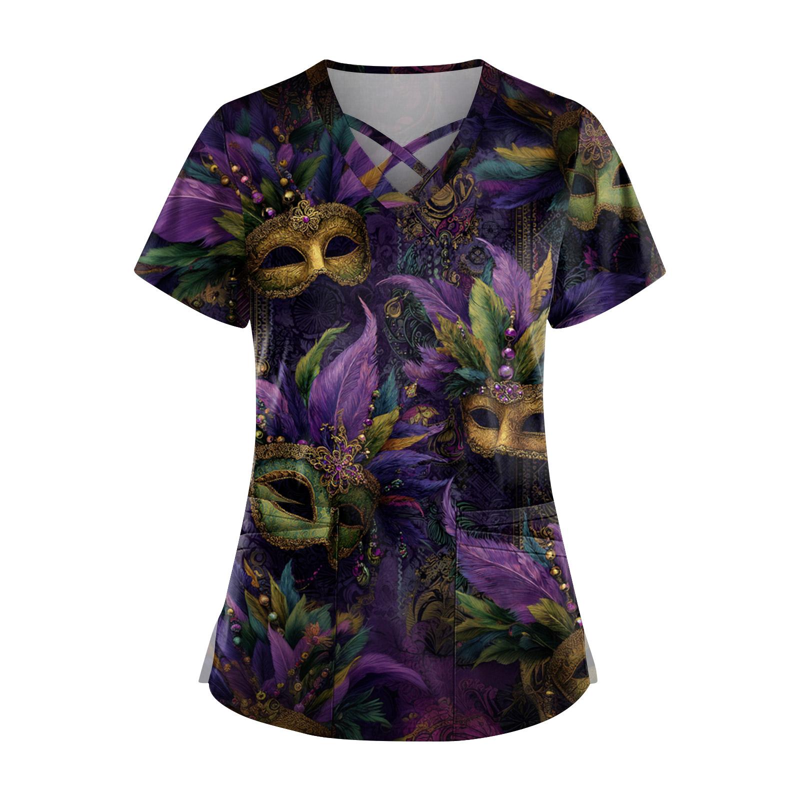 

Women s Short Sleeve Stagger V Neck Print Pocket Dry- Top L
