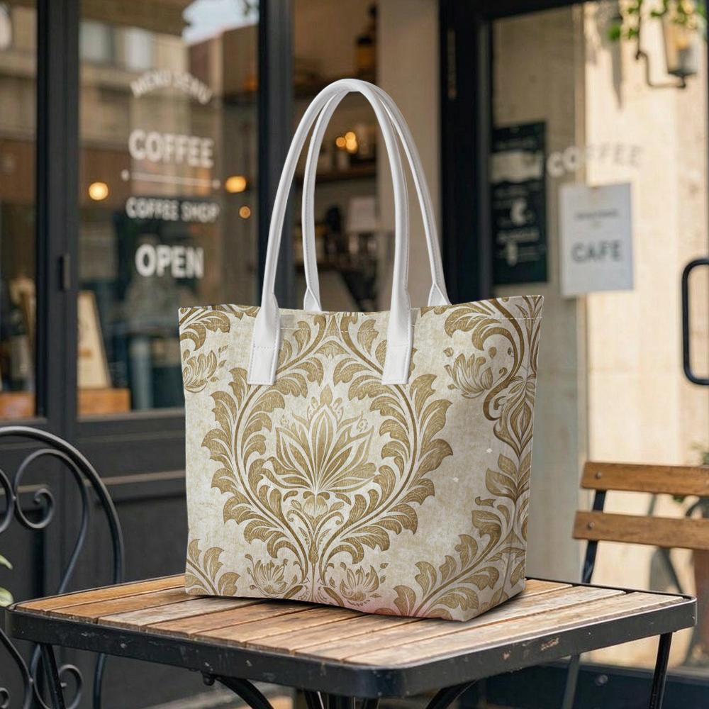 Elegant Gold Pattern Tote Bag Vintage Casual Large Shoulder Handbag for Daily Use
