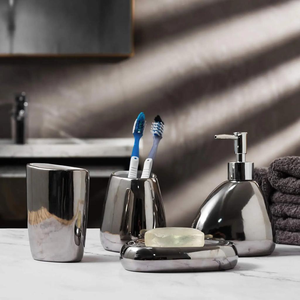 4/5 Piece Set Complete Set Modern Ceramic Silver and Gold Bathroom Accessories Set with Soap Dispenser for Modern Home Decor