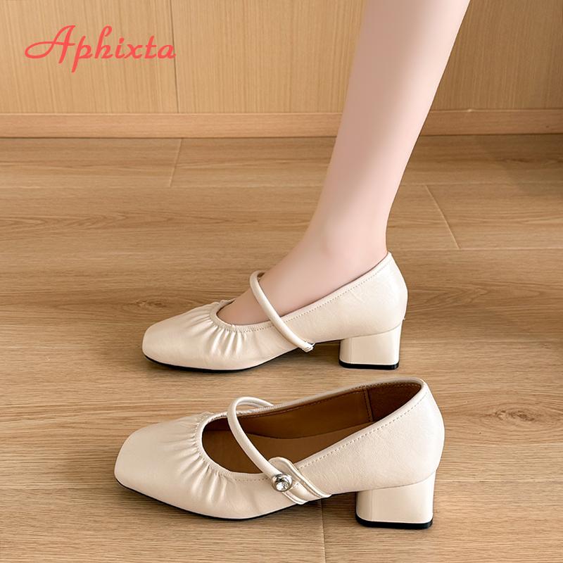 Aphixta Square Toe Shallow Woman Shoes Slip On Pleated 4.5CM Med Heels Shoes For Womens  Elegant Pumps Autumn Ladies Shoes