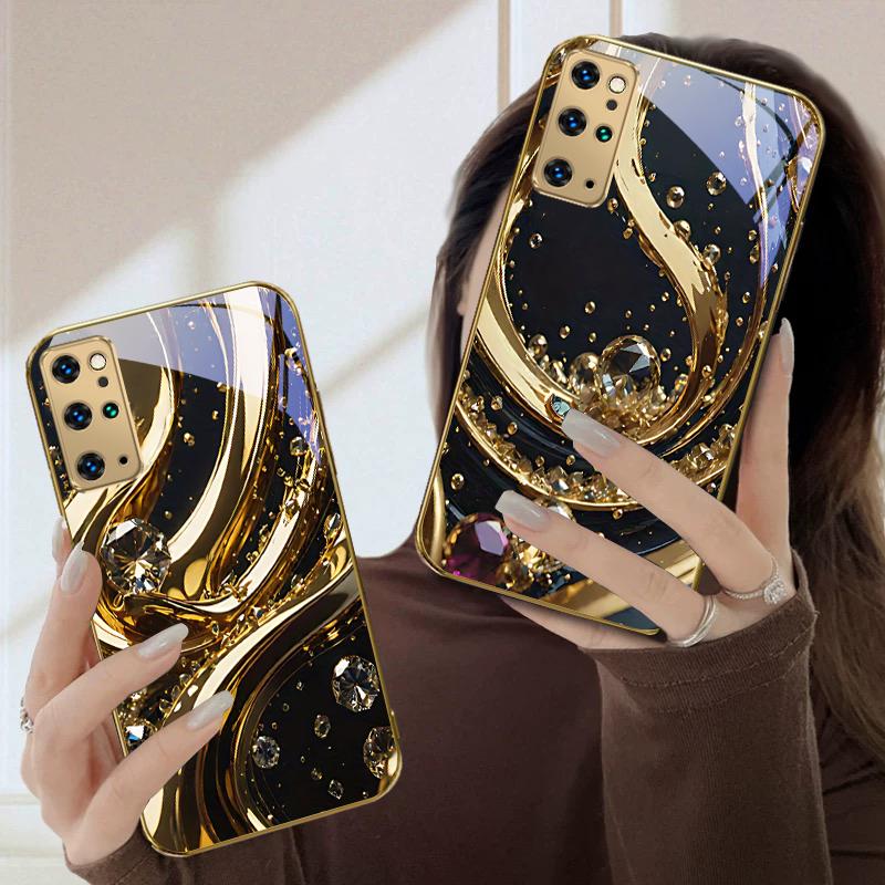 Golden Splendor and Crystal For Samsung Galaxy S20 FE S21 S22 S23 Plus S24 Ultra 25Ultra S21+ S9+ 22Plus Golden glass phone case