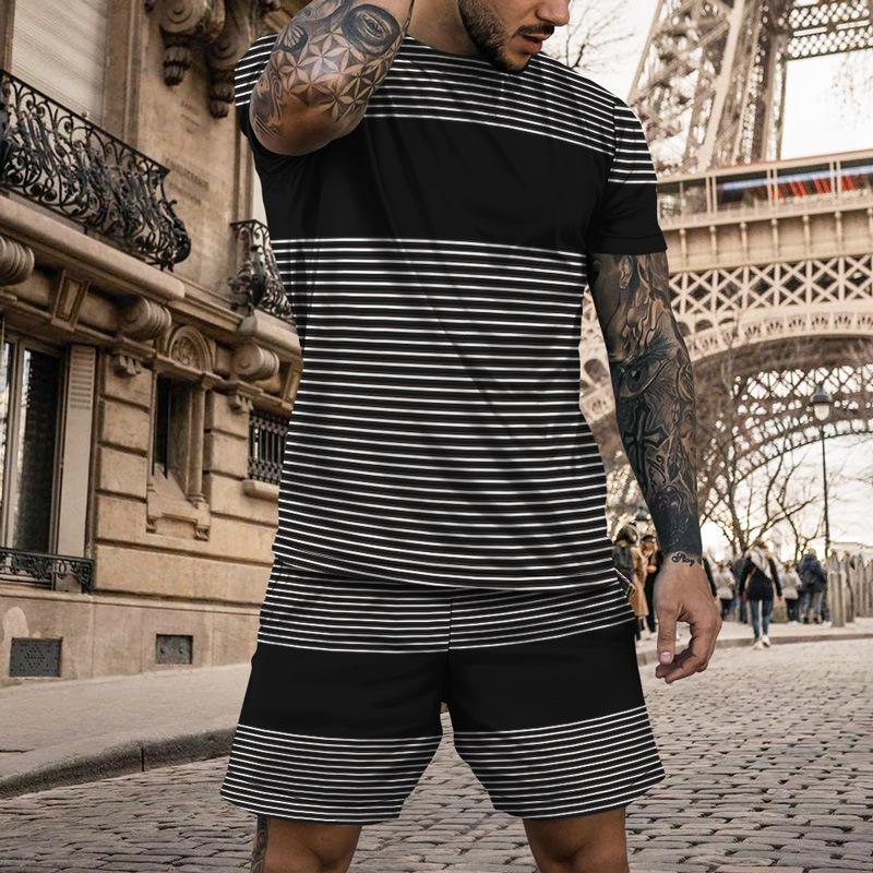Vintage Casual Clothes Outfits For Men Print Striped Loose T Shirt Suit Oversized  O Neck Summer Tracksuit Streetwear Men's Set