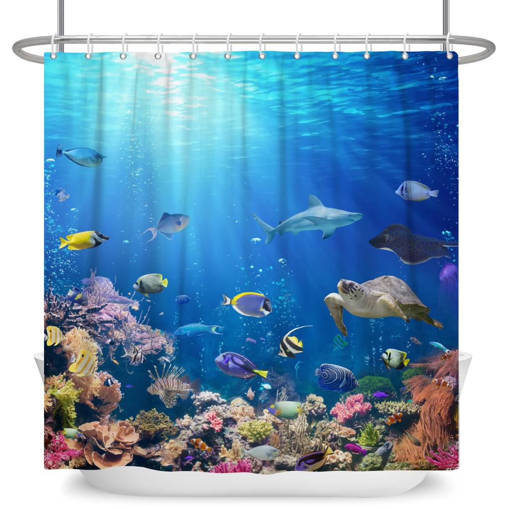 Underwater World Theme Bathroom Shower Curtain Sharks Turtles Jellyfish Decor Waterproof Bathroom Polyester Curtain With Hooks