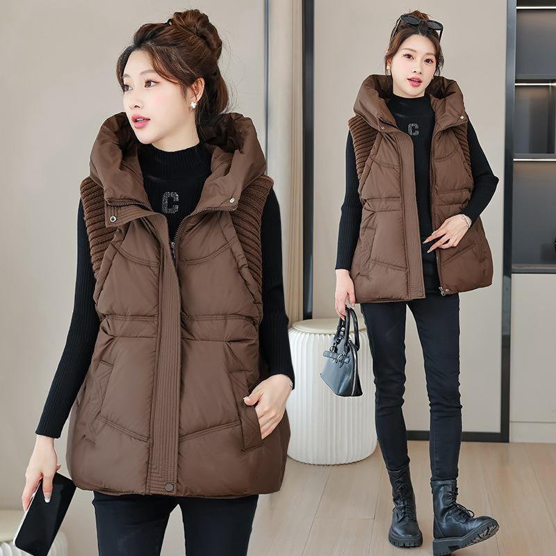 New Women's Clothing Solid Color Zipper Pocket Cotton Clothing Vest Fashion Hooded Temperament Commuter Jacket