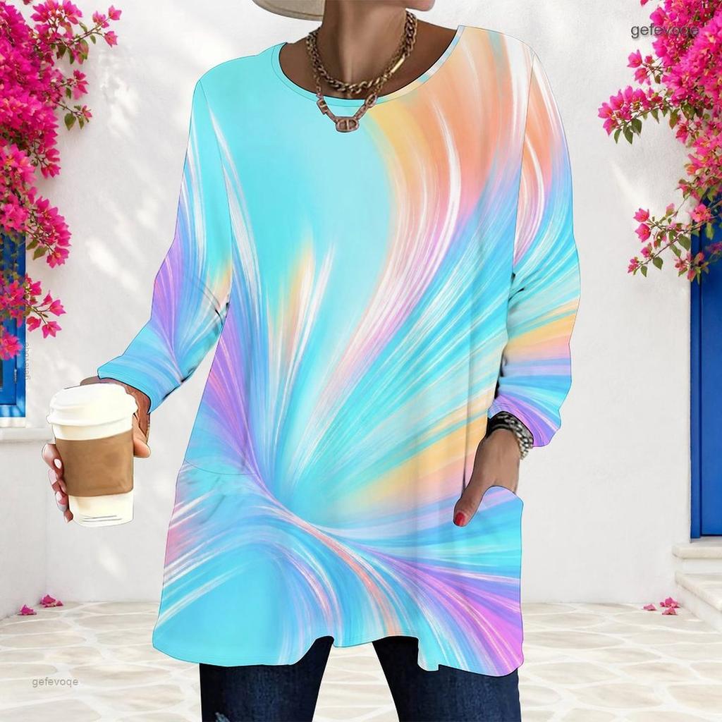 Women Plus Size Round Neck Long Sleeve Swirl Printed Colorful Loose Longline T Shirt With Pockets