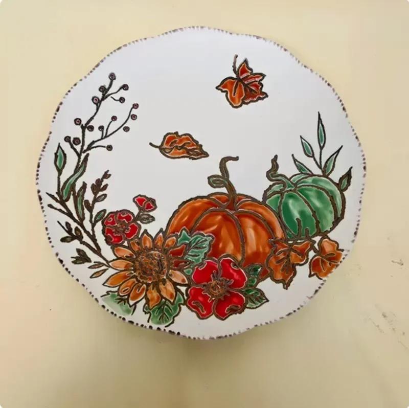 

1 шт. Скандинавская керамическая тарелка для пикника, расписанная вручную, тарелки для ужина с тыквой, экологичная посуда для пикника, детская посуда для стола, кухонные принадлежности