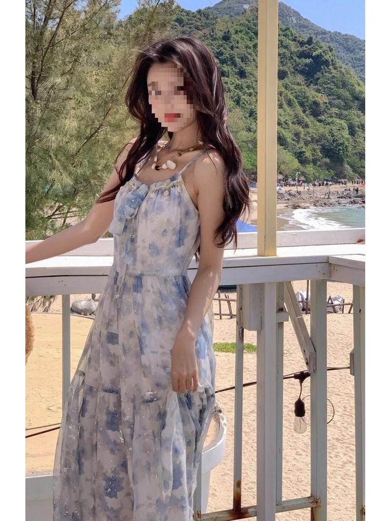 Elegant French Style Floral Spaghetti Strap Long Dress - Summer Slimming Resort Wear