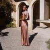 Women Design Short Sleeve Solid Color Ankel-Length Dress V-neck High Waist