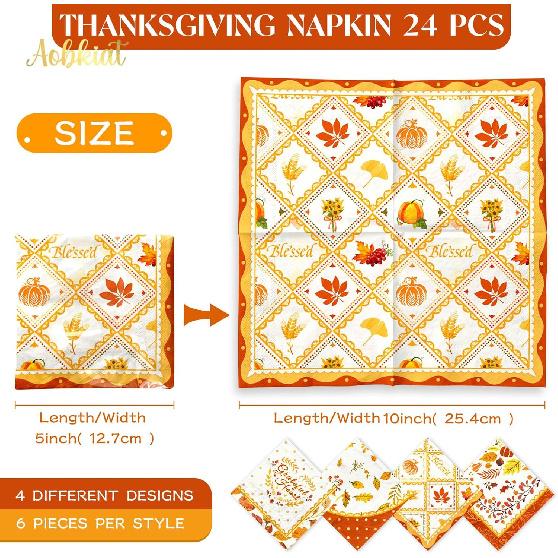 AOBKIAT Fall Thanksgiving Napk,24PCS Orange Pumpkin Maple Leaf Styles Guest Disposable Napk,for Autumn Harvest Holiday Dinner Party Supplies