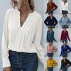 Women's Casual Loose Deep V-neck Shirt Chiffon Pleated Long Sleeve Work Shirt