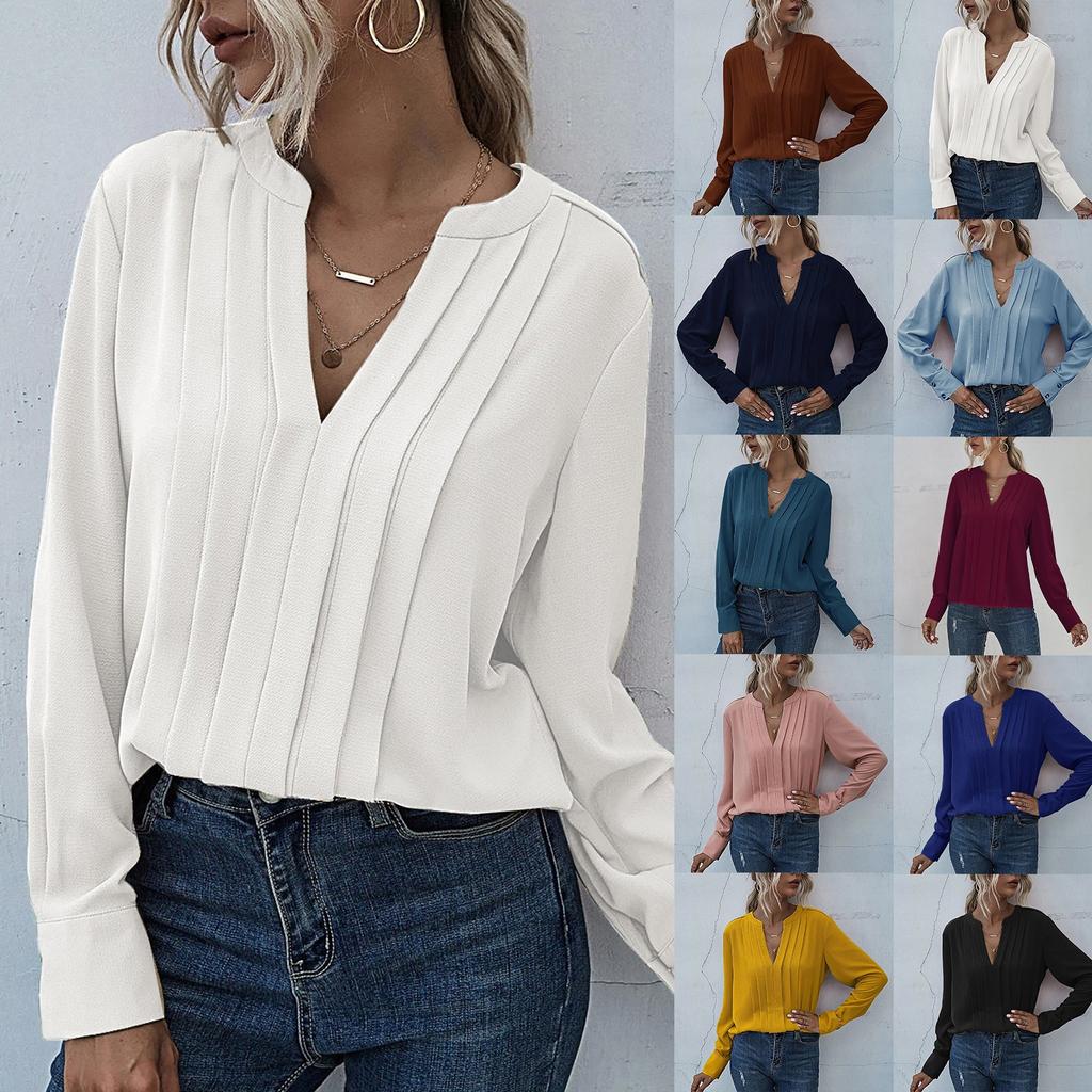 Women's Casual Loose Deep V-neck Shirt Chiffon Pleated Long Sleeve Work Shirt