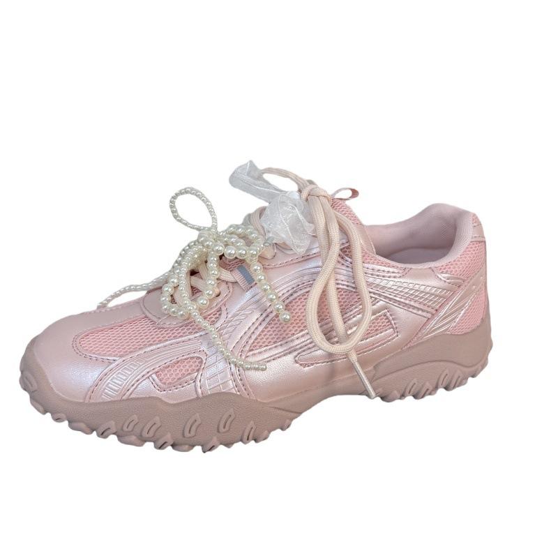 Mesh Damen Frühling und Sommer dicke Sohlen erhöhen die Höhe, leichte und atmungsaktive Schnürung Perle Leder Freizeitschuhe