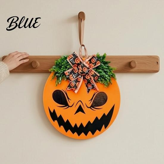Outdoor Wall Art for Halloween Spooky Pumpkin Front Door Sign Round Decorative Wreath Hanger with Indoor Seasonal Decor Bow Wooden Hanging