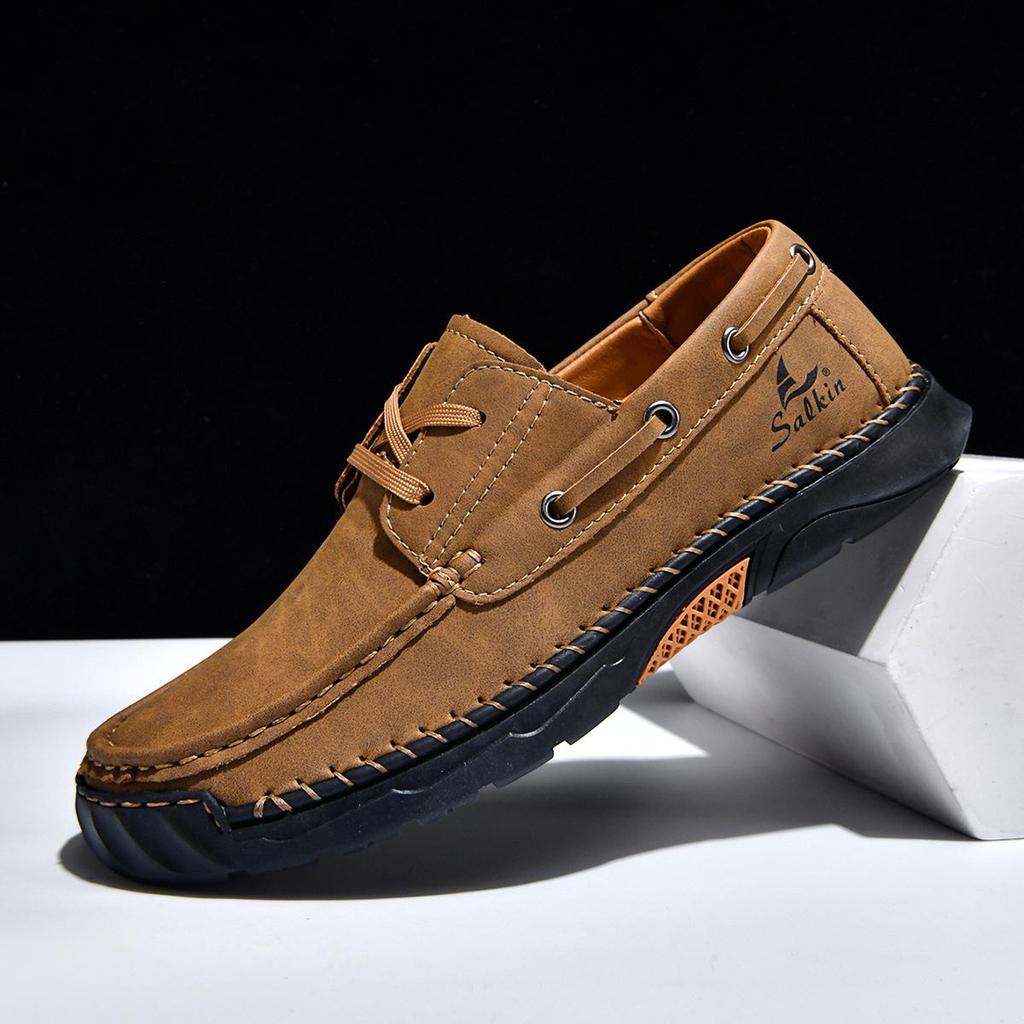 2026 Plus Size Men's Leather Casual Loafers - Hand-Stitched Low-Top Shoes for Spring