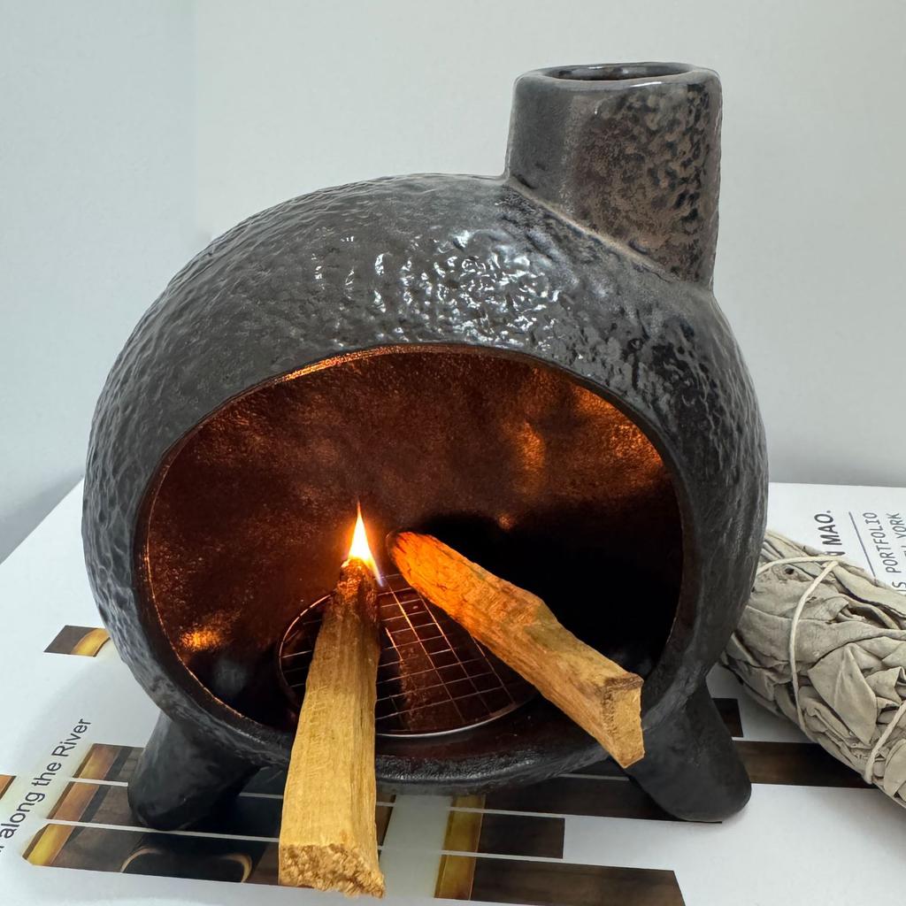 Handmade Ceramic Tabletop Chimney Incense Burner Painted  Chiminea For Incense Cones Charcoal Sage or Palo Santo Burning Holder