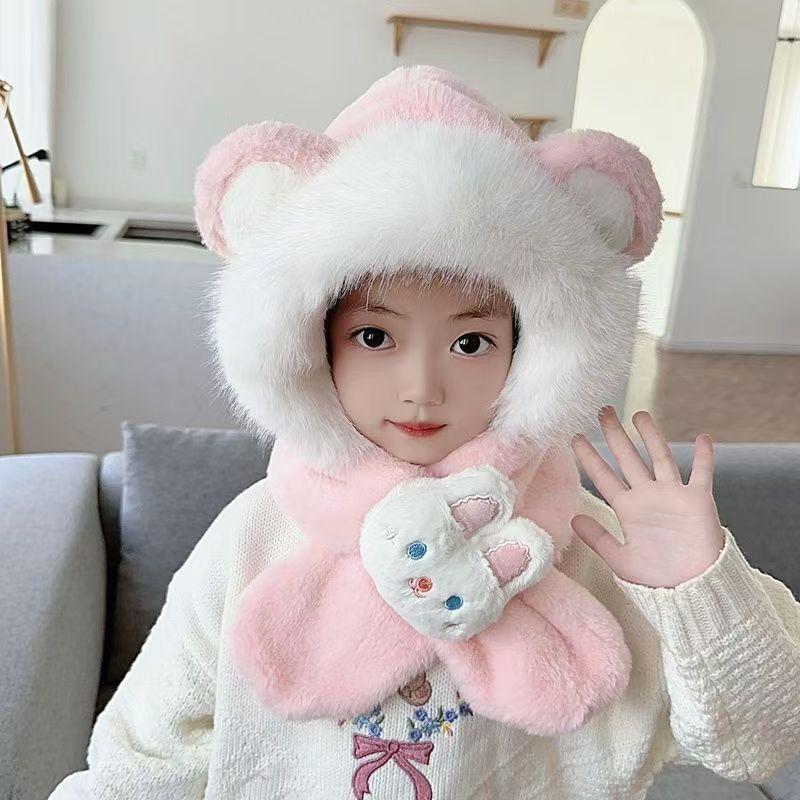 Children's Hat and Scarf Integrated Thickened Scarf with Fleece, Winter Girls' Windproof Ear-protecting Plush Warm Hat