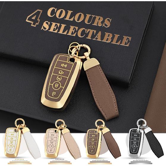 EnerCharge For Ford Key Fob Cover with Keychain, Soft TPU and Leather Key Case Shell Full Protection for Ford Explorer Escape