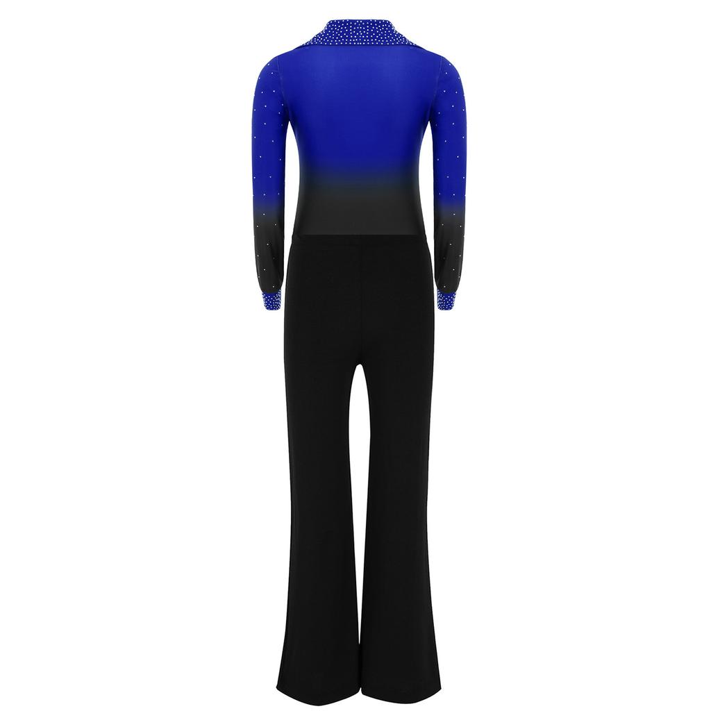Conjunto de Leotard de Dança Brilhante com Strass, Gola Reversível, Manga Longa e Calça com Cós Elástico para Meninos