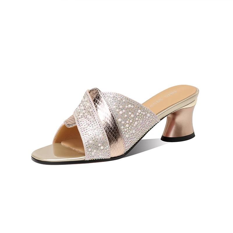 Coarse Heel Rhinestone Fish Mouth Cool Slippers Women's Summer Outer Wear Summer New Middle Heel One Pedal Women's Shoes