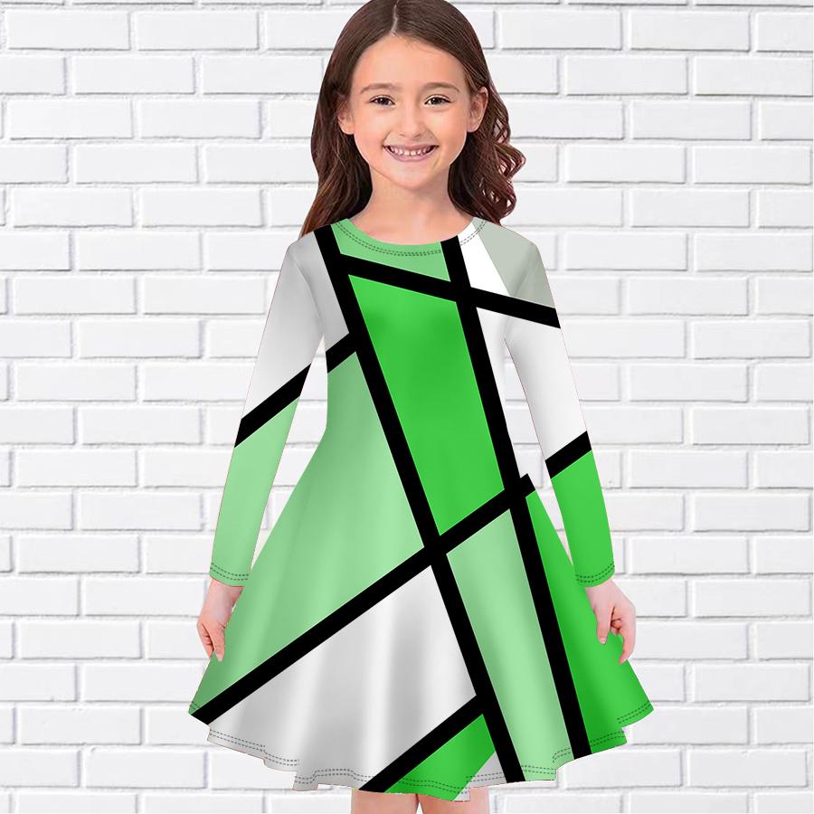 Mädchen Lässig Geometrischer Linien Gitterdruck Rundhals Langarm Kleid Kinder Prinzessinnenkleid