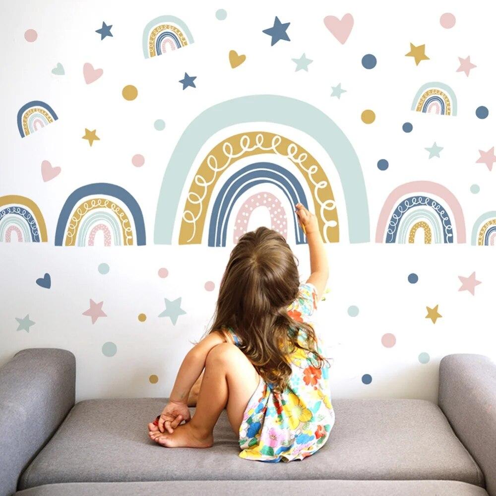 Cartoon Rainbow Star Wall Stickers For Baby Room Kids Room Girls Bedroom Wall Removable PVC Wall Decals For Home Decoration