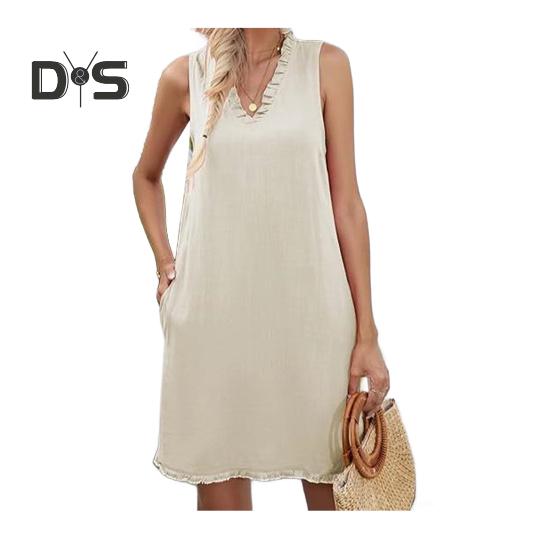 Women Summer Dress with Pockets Shirring V Neck Sleeveless Solid Color A-line Ripped Hem Midi Dress Daily Beach Dress
