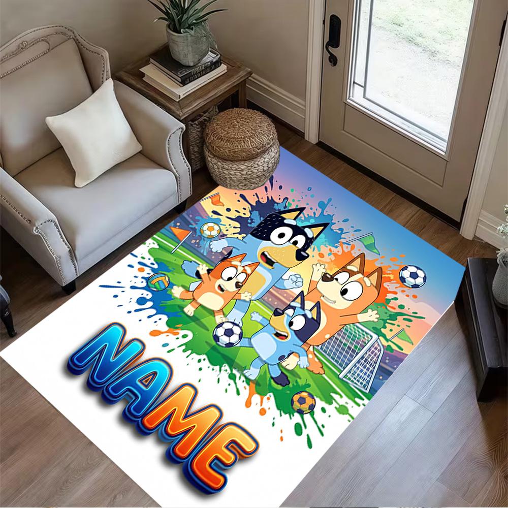 Bluey's Soccer Adventure Personalized Name Floor Rug Office Rug Suitable for Entryway Hallway Foyer Decorate room Anti-slip Rug Office home decor