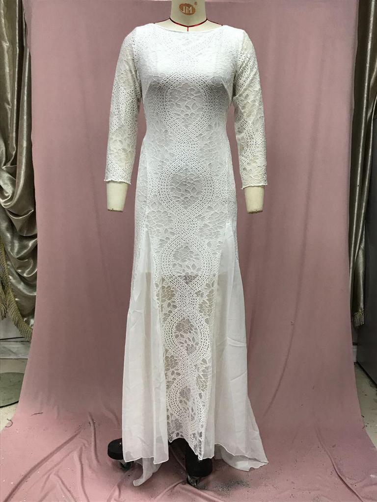 2025 Spring European & American Women's Celebrity Banquet Wedding Dress - Round Neck, Long Sleeve, Printed, Backless Lace