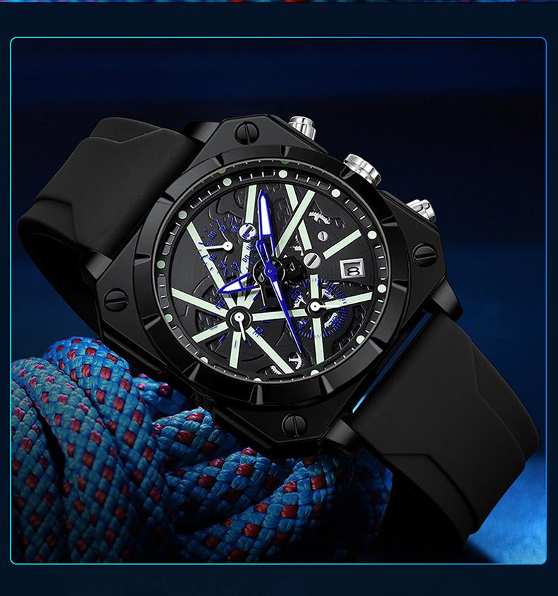 OFNS Men's Six-Needle Chronograph Quartz Watch with Luminous Bar Markers, Square Face, Waterproof, and Calendar.